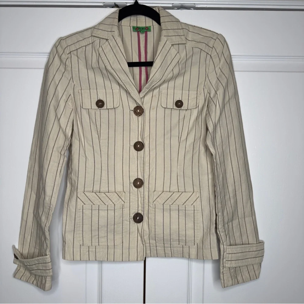 Tibi Women’s Striped Cotton Blazer Jacket Beige Brown Button Front Size 2 - Picture 1 of 12